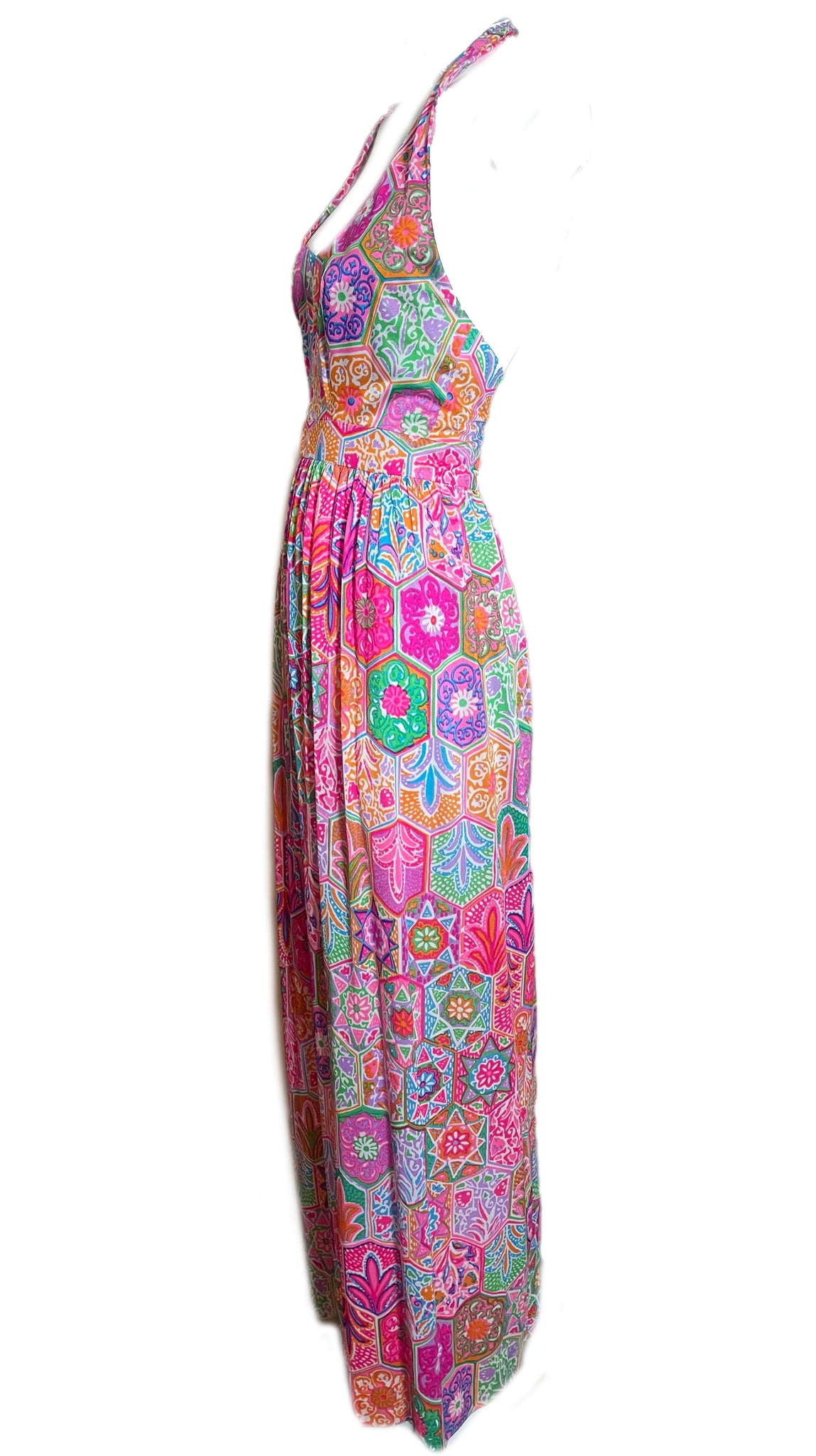  70s Acid Tone Psychedelic Polyester Halter Maxi Dress SIDE 2 of 5
