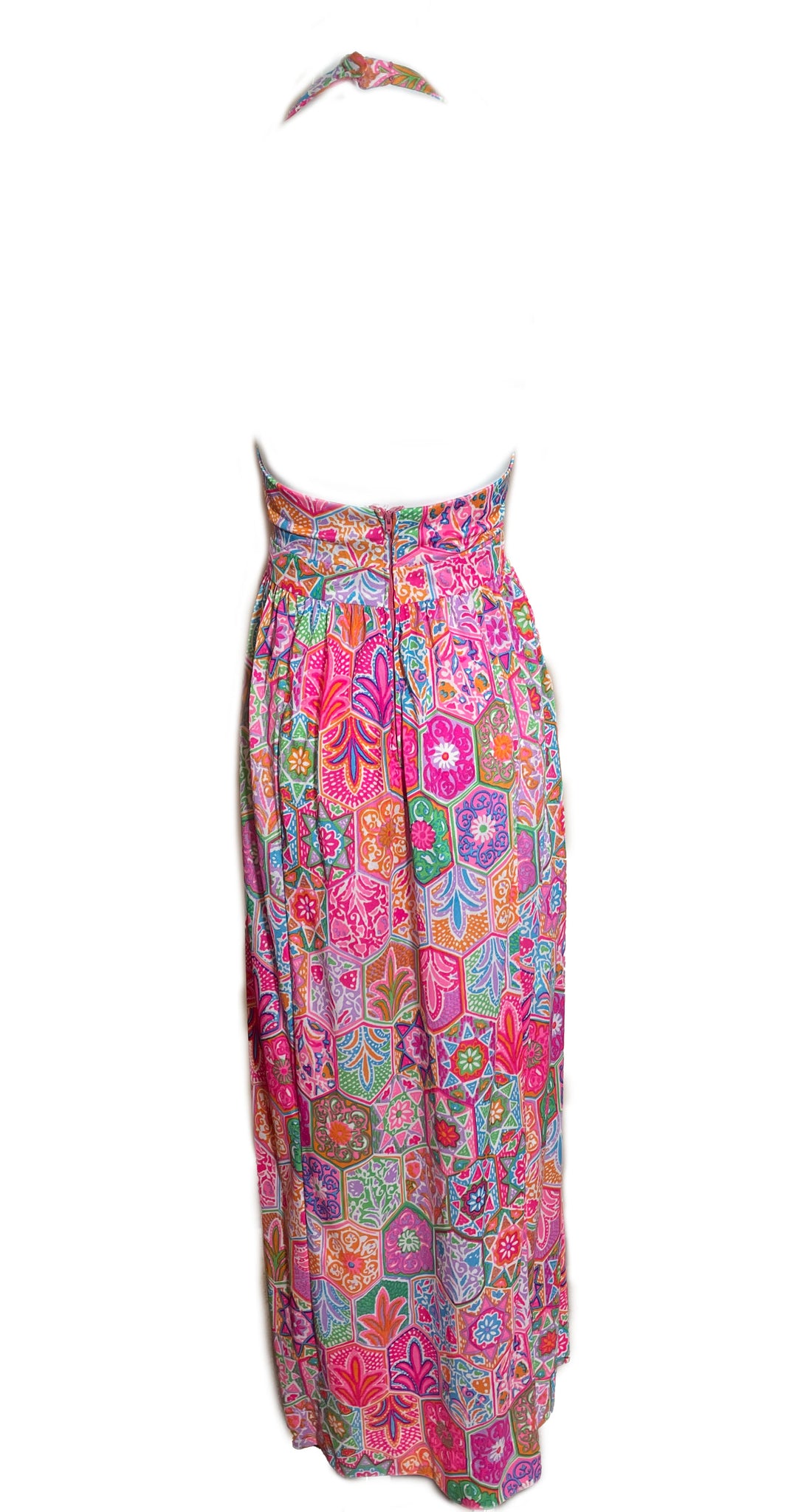  70s Acid Tone Psychedelic Polyester Halter Maxi Dress BACK 3 of 5