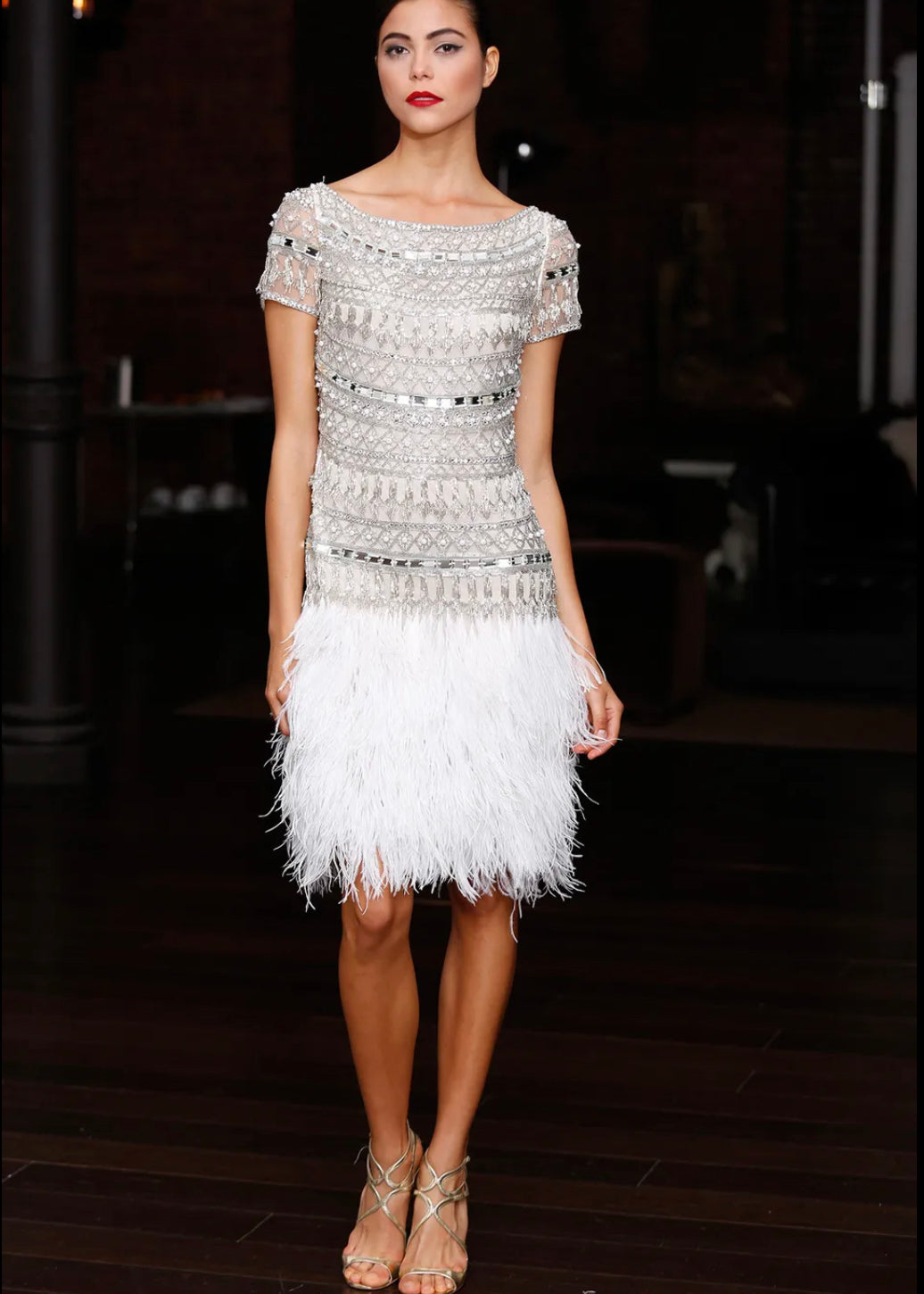  Naeem Khan 2014 White Sequin and Beaded Cocktail Dress with Feathers RUNWAY PHOTO 4 of 7