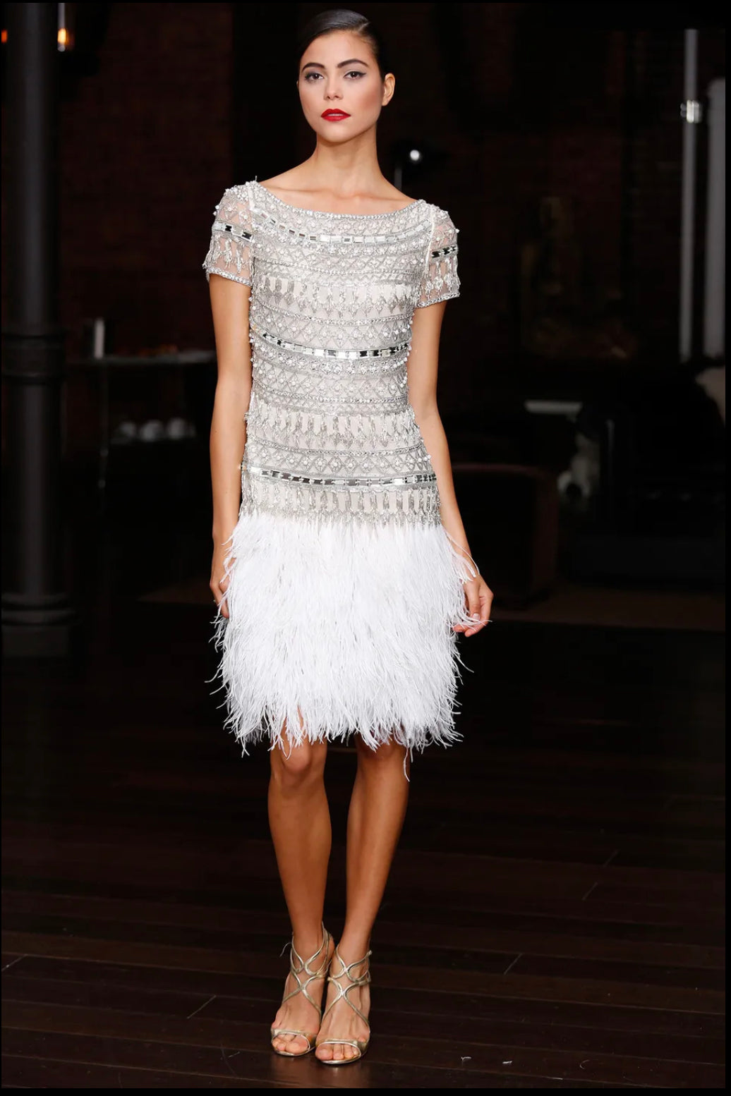Naeem Khan 2014 White Sequin and Beaded Cocktail Dress with Feathers Naeem Khan 2014 White Sequin and Beaded Cocktail Dress with Feathers