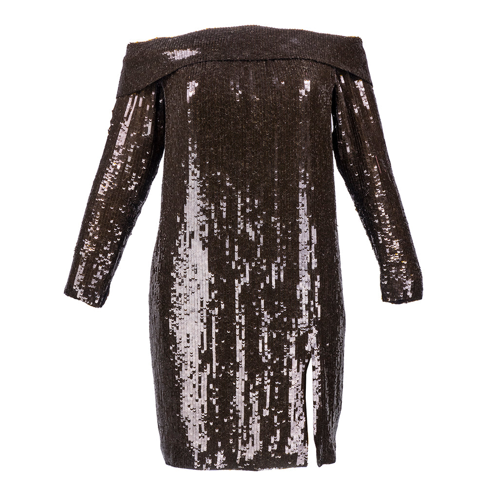 80s off the shoulder dress ANTHONY Brown Sequin Off-Shoulder 2C Size:3.5