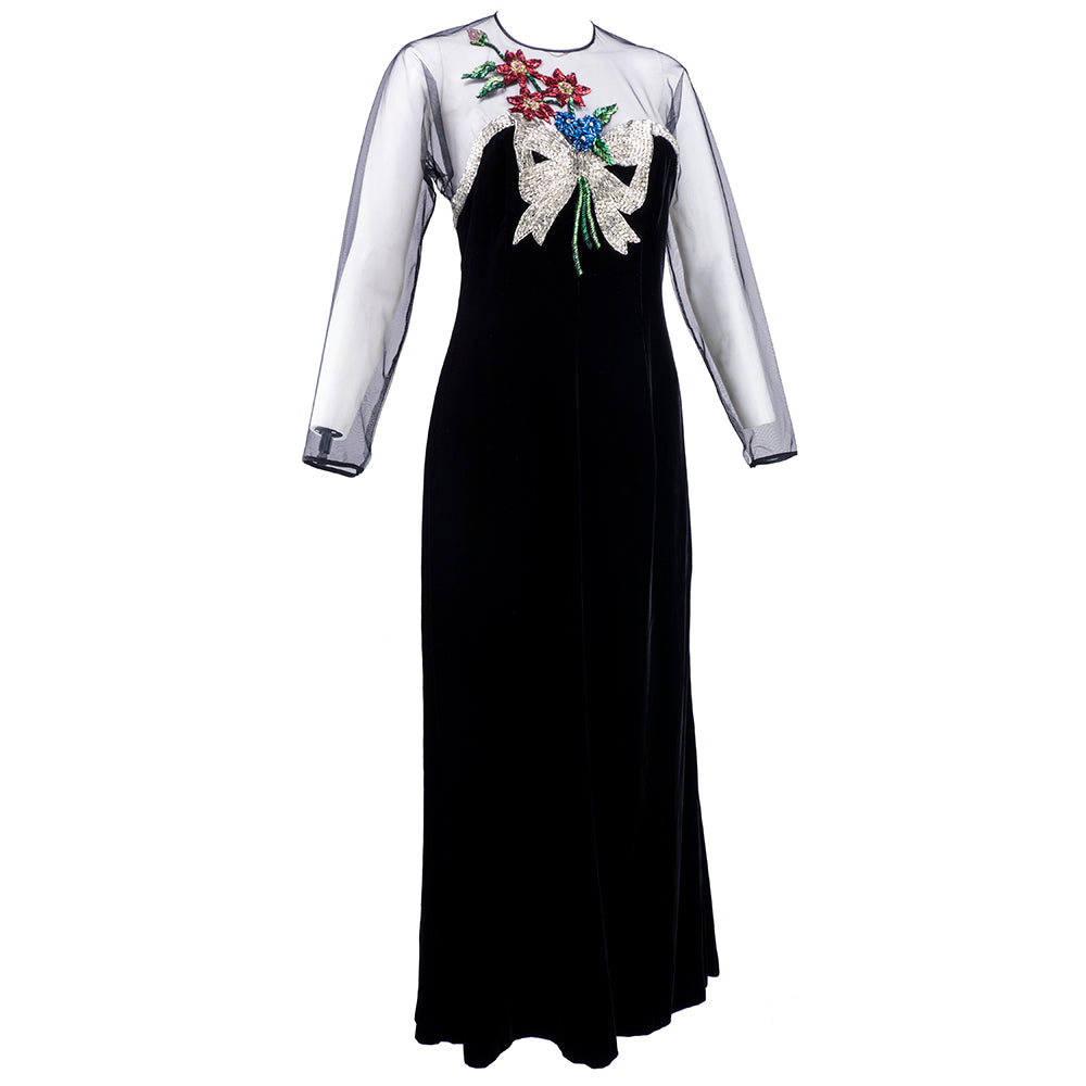 Vintage DE LA RENTA 80s Beaded Illusion Bodice Velvet Gown, side