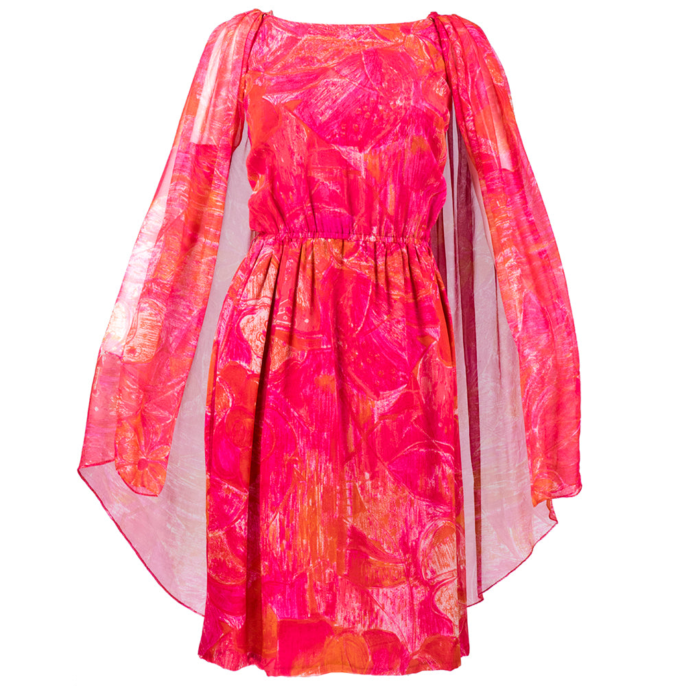 Pierre Cardin 60s Pink Tropical Floral Silk Dress and Cape Pierre Cardin 60s Pink Tropical Floral Silk Dress and Cape