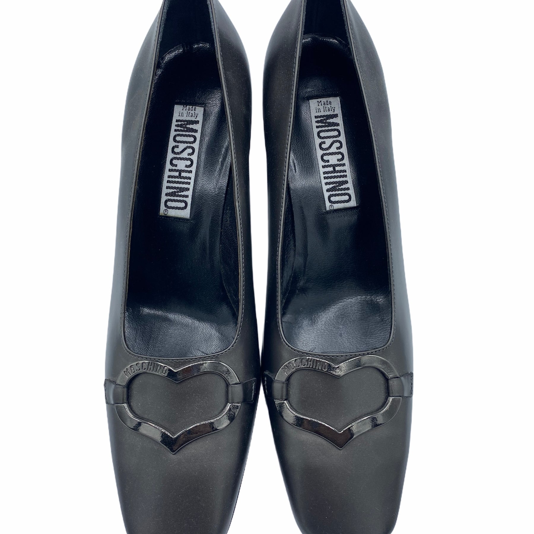 Moschino 90s Grey Pilgrim Pumps With Chrome Heart FRONT 1 of 4