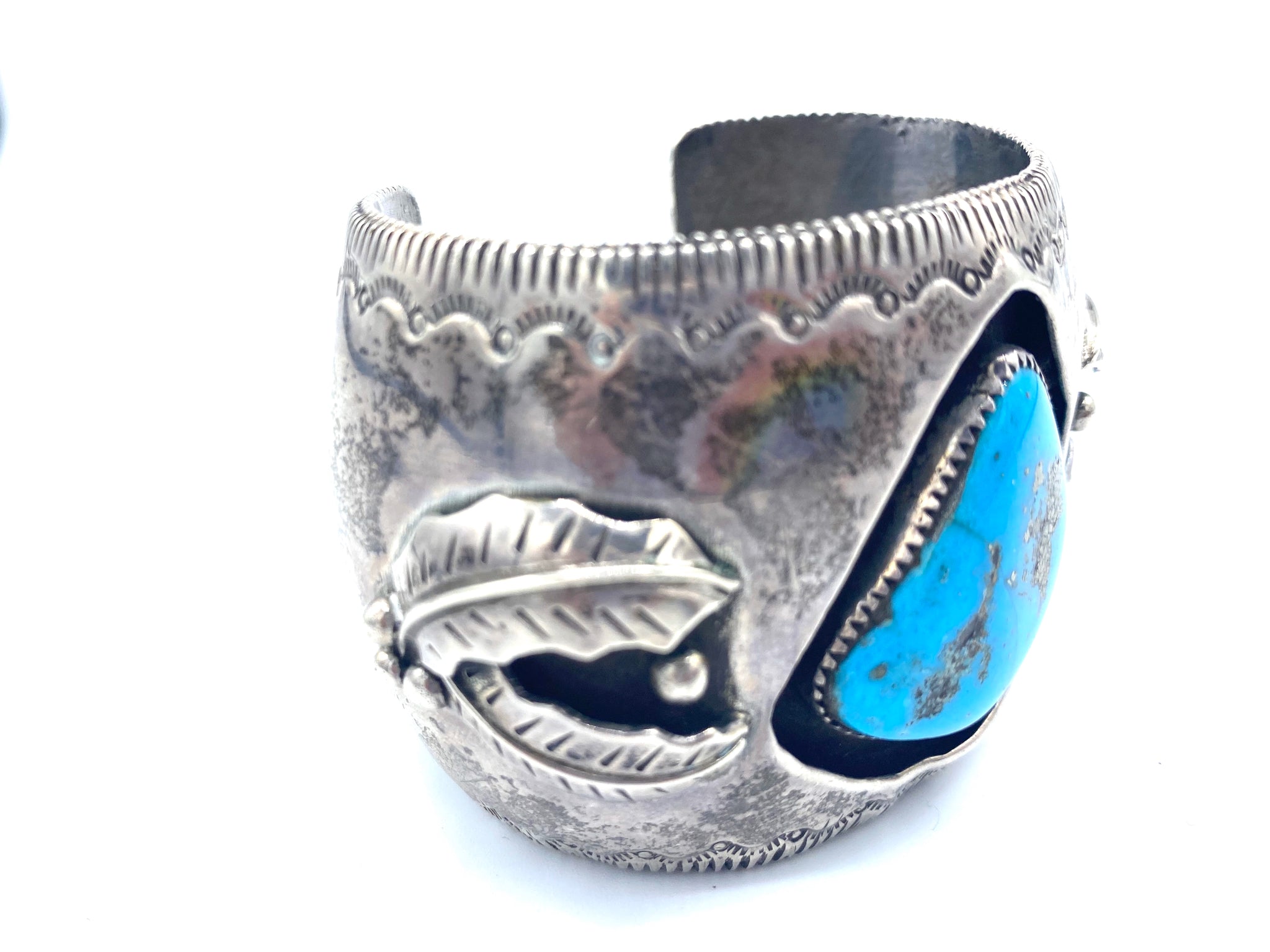Navajo Silver Cuff with Turquoise Chunk, side