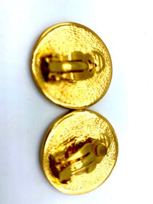  Ted Lapidus Logo Gold Tone Button Earrings on Original Card BACK 2 of 3