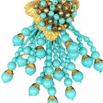 40s Dress Clip Gold Tone Leaves with Turquoise Colored Beaded Spray FRONT 1 of 2