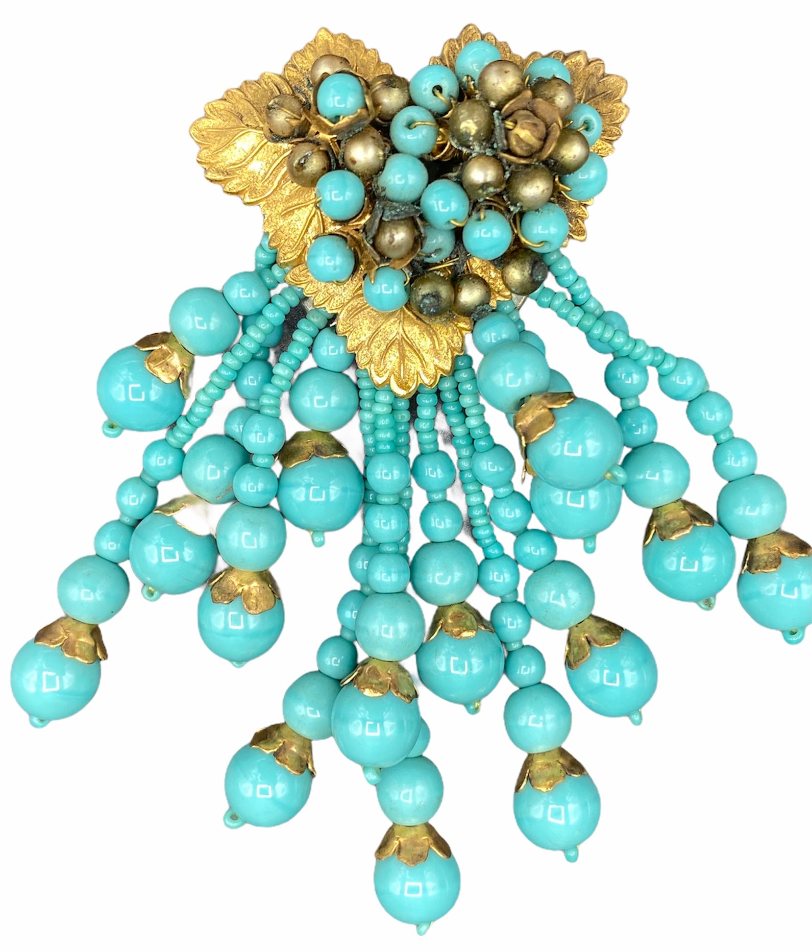 40s Dress Clip Gold Tone Leaves with Turquoise Colored Beaded Spray FRONT 1 of 2