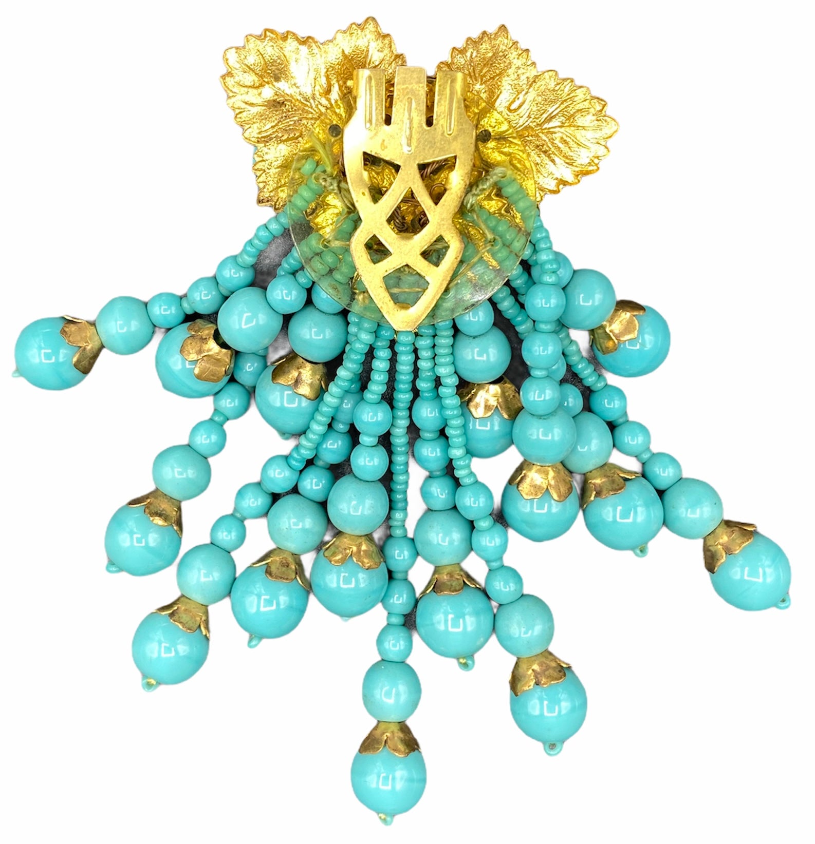 40s Dress Clip Gold Tone Leaves with Turquoise Colored Beaded Spray BACK 2 of 2