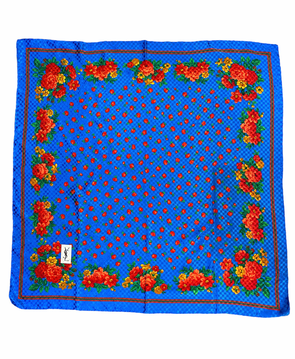 YSL 70s Bright Blue Polka Dot Floral Silk Scarf WHOLE 1 of 3