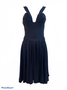 Christian Lacroix 90s Silk Midnight Blue Corset Cocktail Dress FRONT 1 of 5