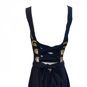 Christian Lacroix 90s Silk Midnight Blue Corset Cocktail Dress BACK DETAIL 3 of 5
