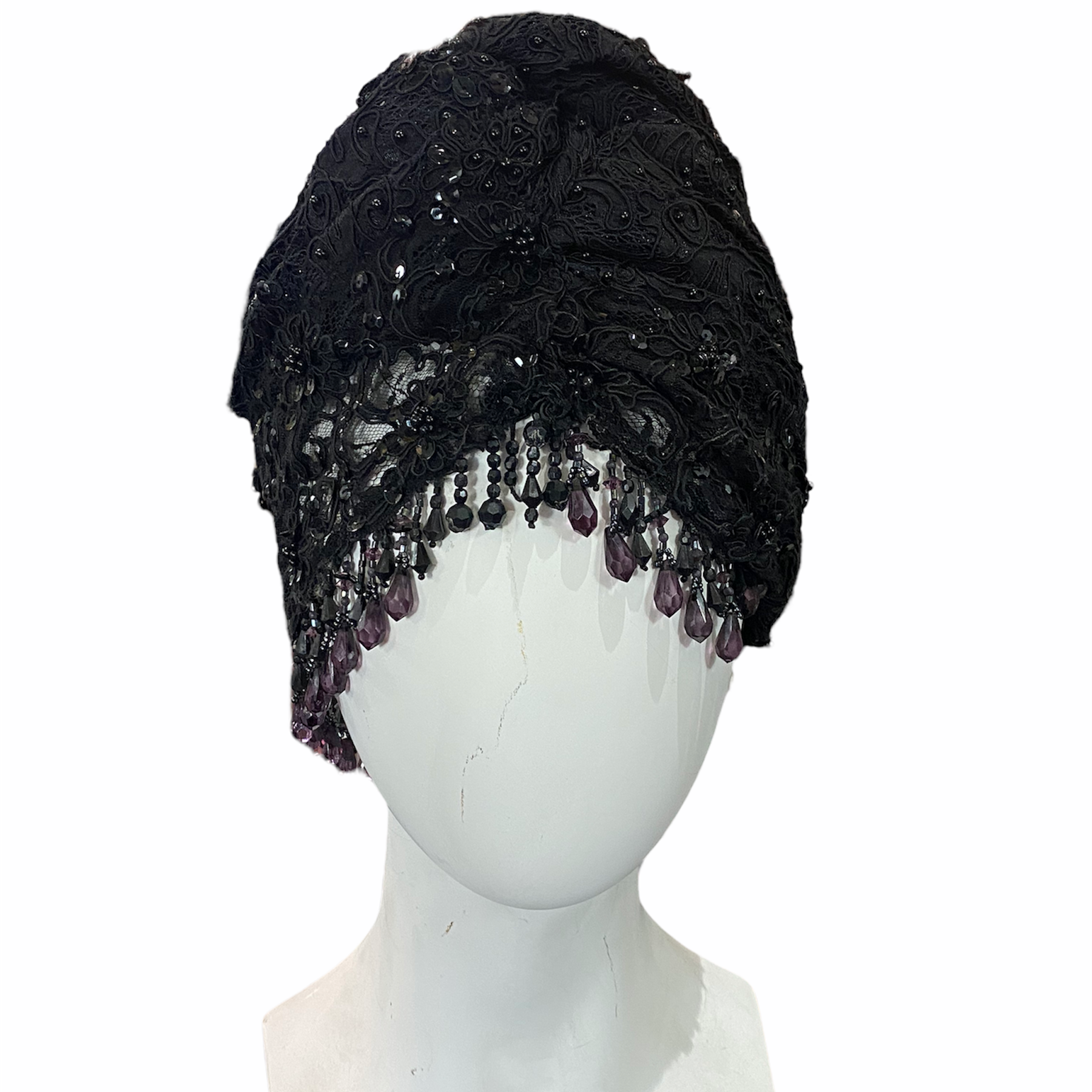 Kokin 80s Black Lace Turban with Beaded Fringe  FRONT 1 of 4