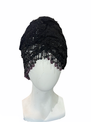 Kokin 80s Black Lace Turban with Beaded Fringe  FRONT 1 of 4