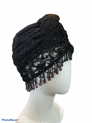 Kokin 80s Black Lace Turban with Beaded Fringe  OTHER SIDE 3 of 4