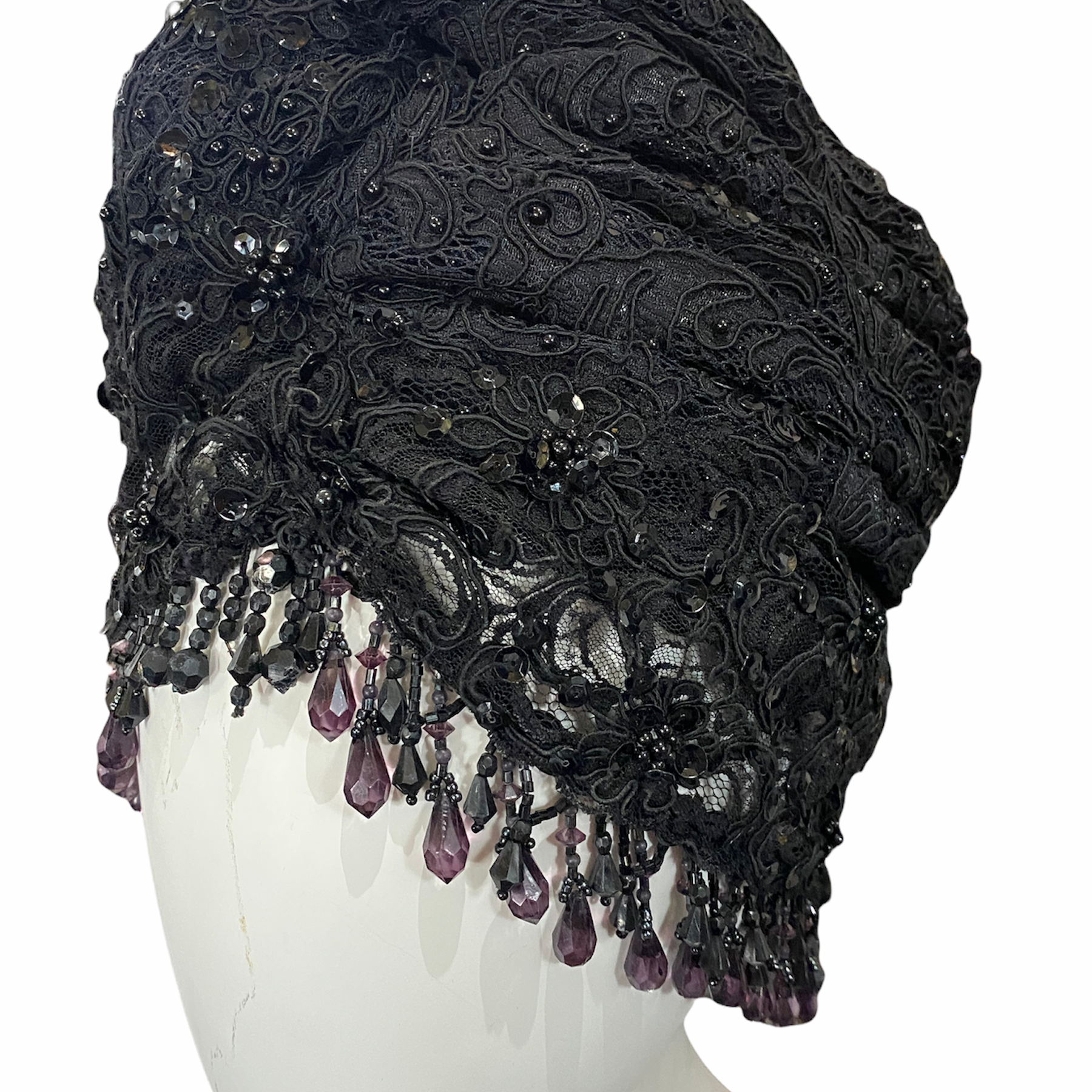 Kokin 80s Black Lace Turban with Beaded Fringe  SIDE 2 of 4