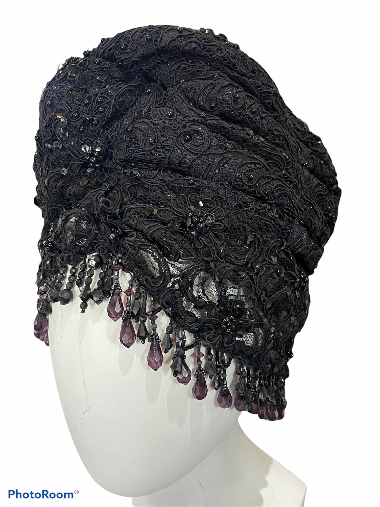 Kokin 80s Black Lace Turban with Beaded Fringe  SIDE 2 of 4