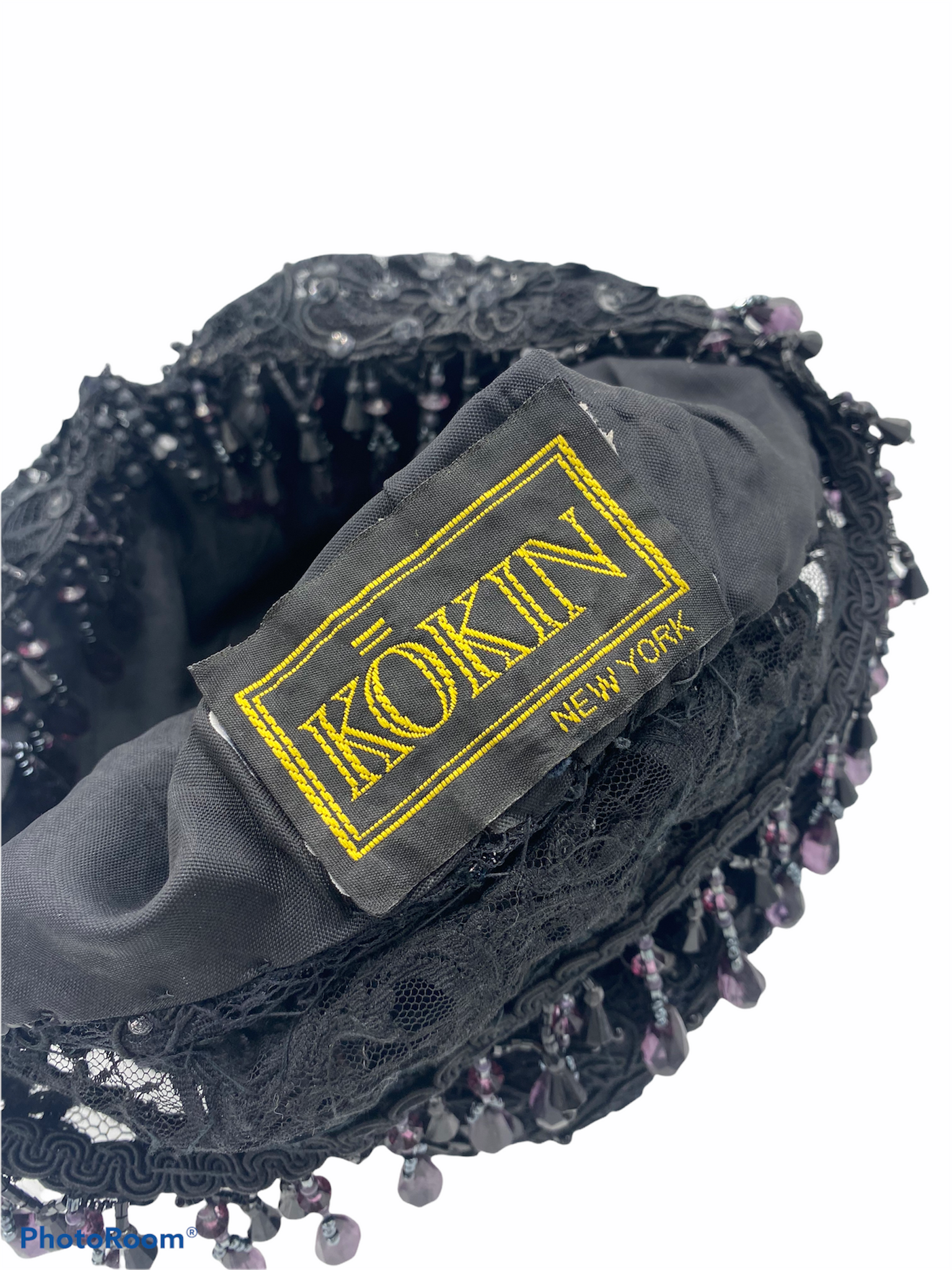 Kokin 80s Black Lace Turban with Beaded Fringe  LABEL 4 of 4