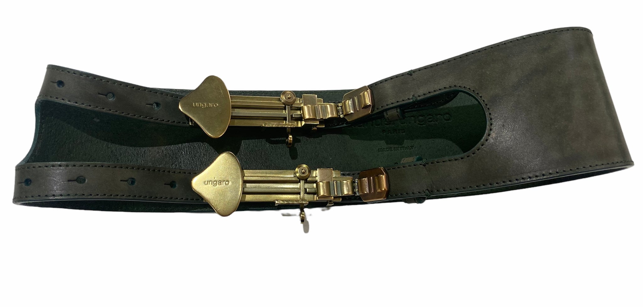 Emanuel Ungaro Green Leather  Double Buckle Belt with Burnished Brass Hardware FLAT 2 of 4