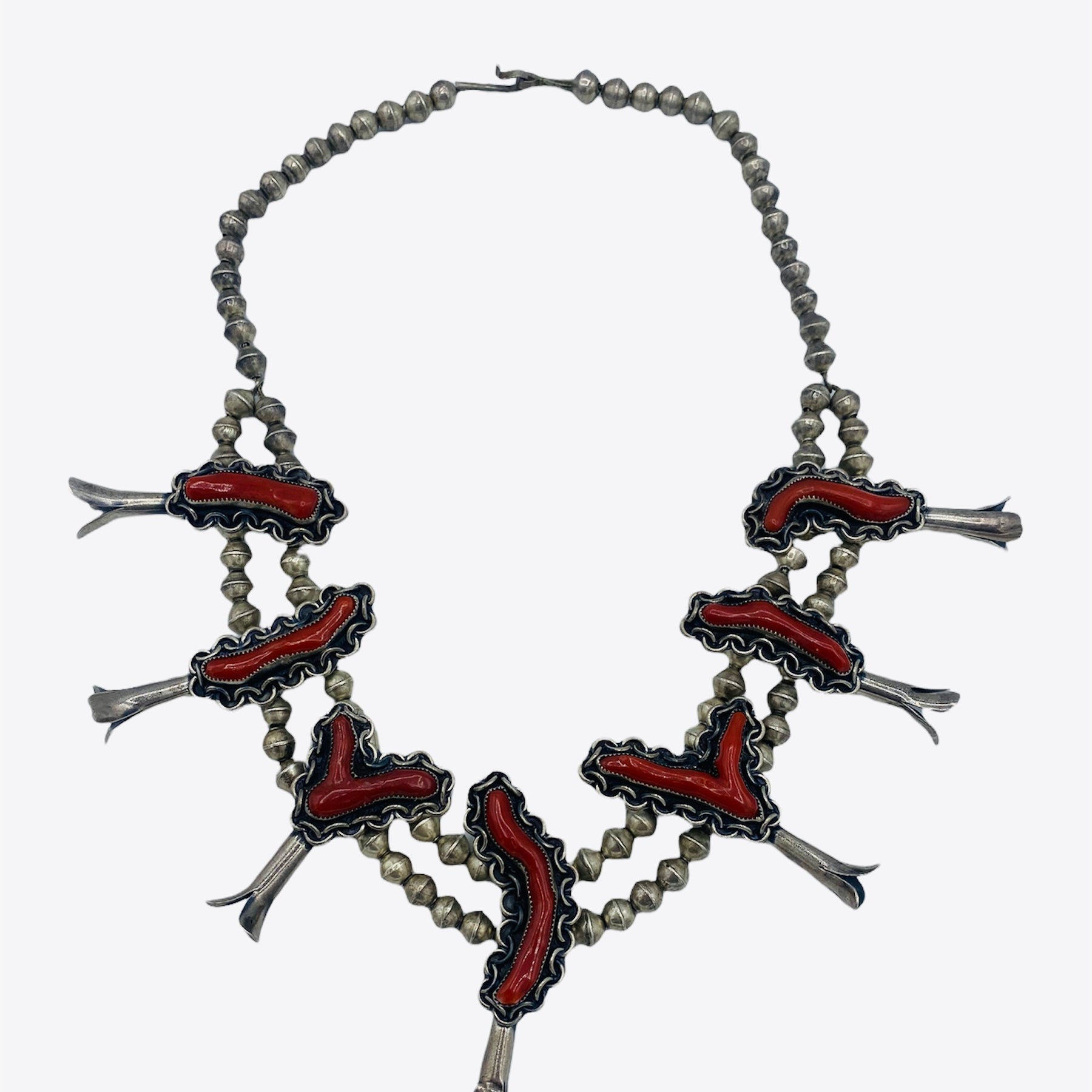 Navajo Silver and Coral Squash Blossom Necklace FRONT 1 of 4