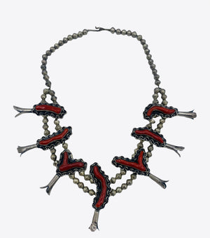Navajo Silver and Coral Squash Blossom Necklace FRONT 1 of 4