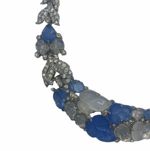 Trifari 30s Rhodium-Plated Tutti-Frutti Alfred Philippe Necklace with Blue and White Faux Stones, close-up