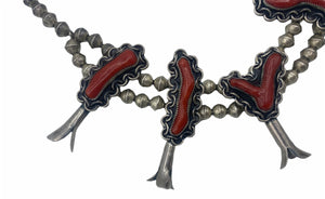 Navajo Silver and Coral Squash Blossom Necklace DETAIL 3 of 4