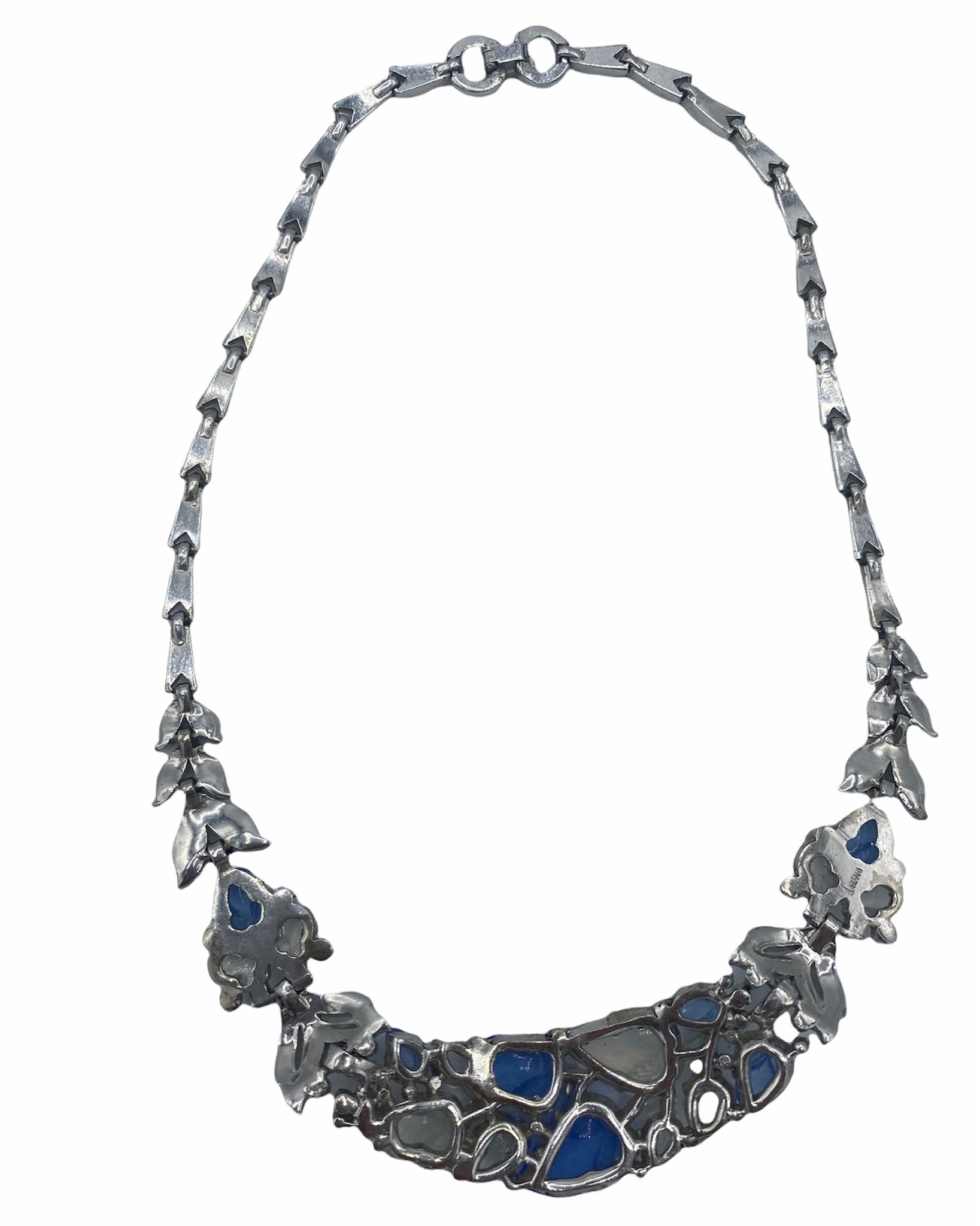 Trifari 30s Rhodium-Plated Tutti-Frutti Alfred Philippe Necklace with Blue and White Faux Stones, back