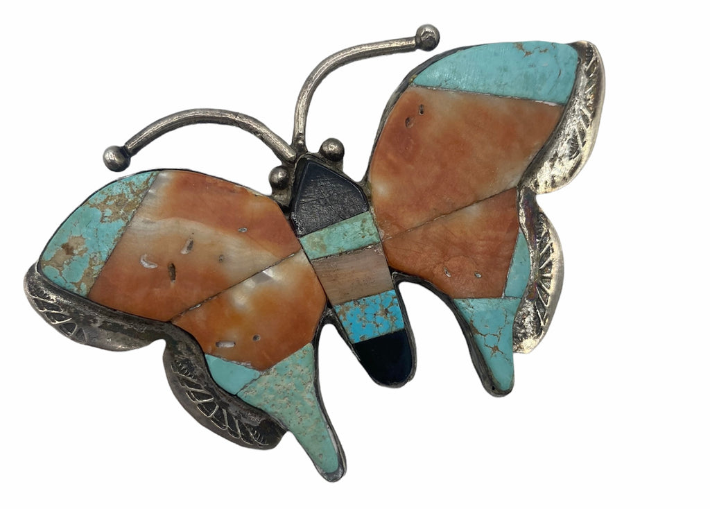 Silver Turquoise and Shell Inlay Butterfly   FRONT 1 of 2     BroochFRONT 1 of 2
