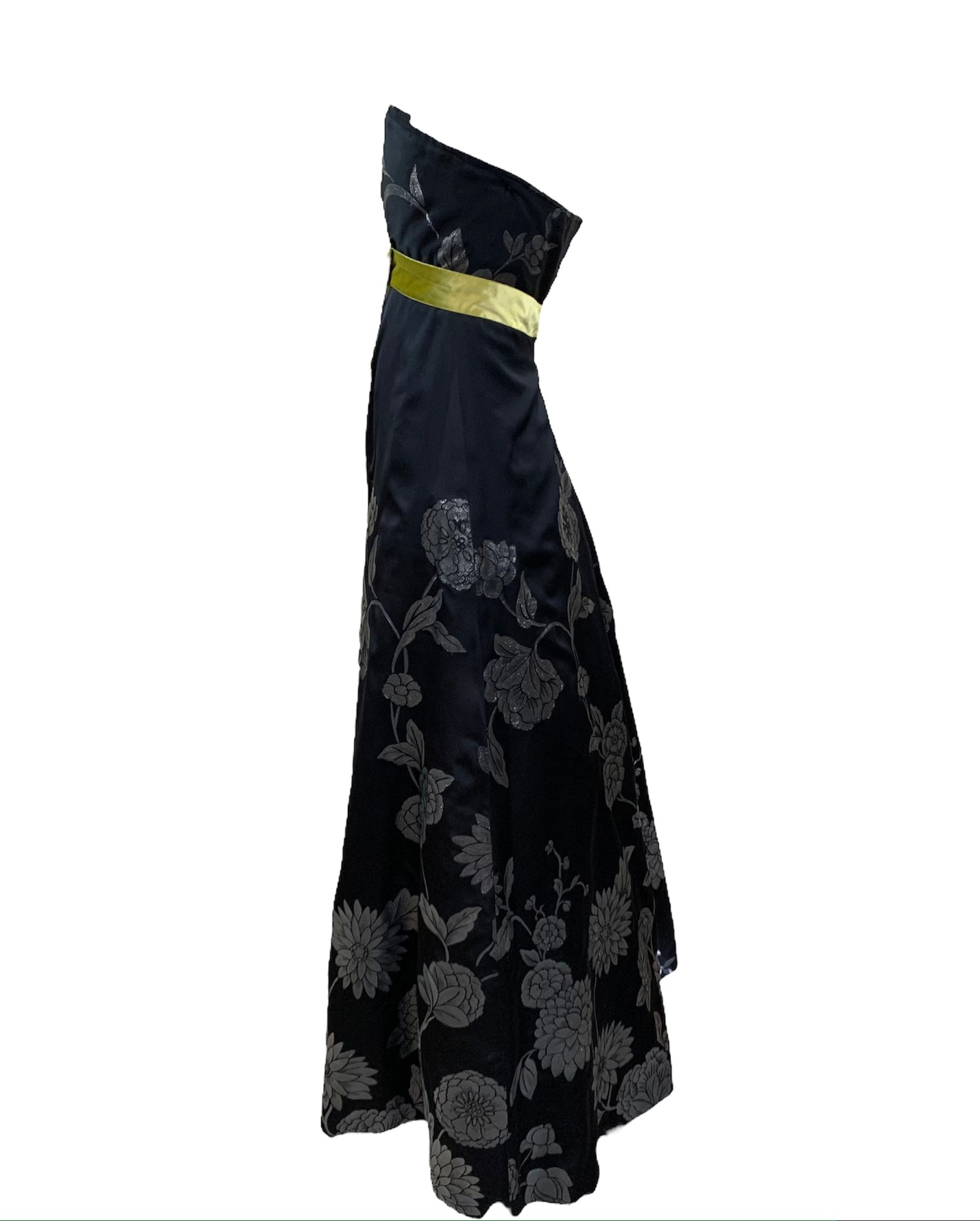Martin Grant Black Strapless Gown with Chartreuse Sash SIDE 2 of 5