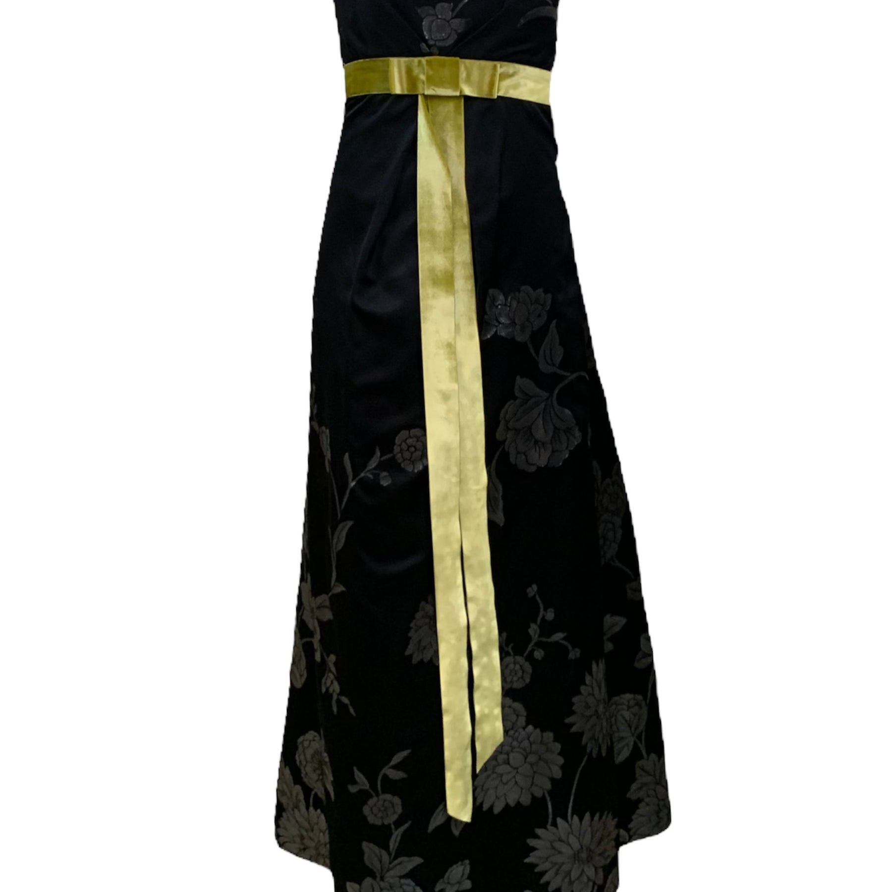 Martin Grant Black Strapless Gown with Chartreuse Sash FRONT 1 of 5