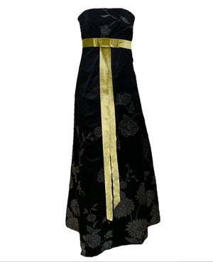 Martin Grant Black Strapless Gown with Chartreuse Sash FRONT 1 of 5