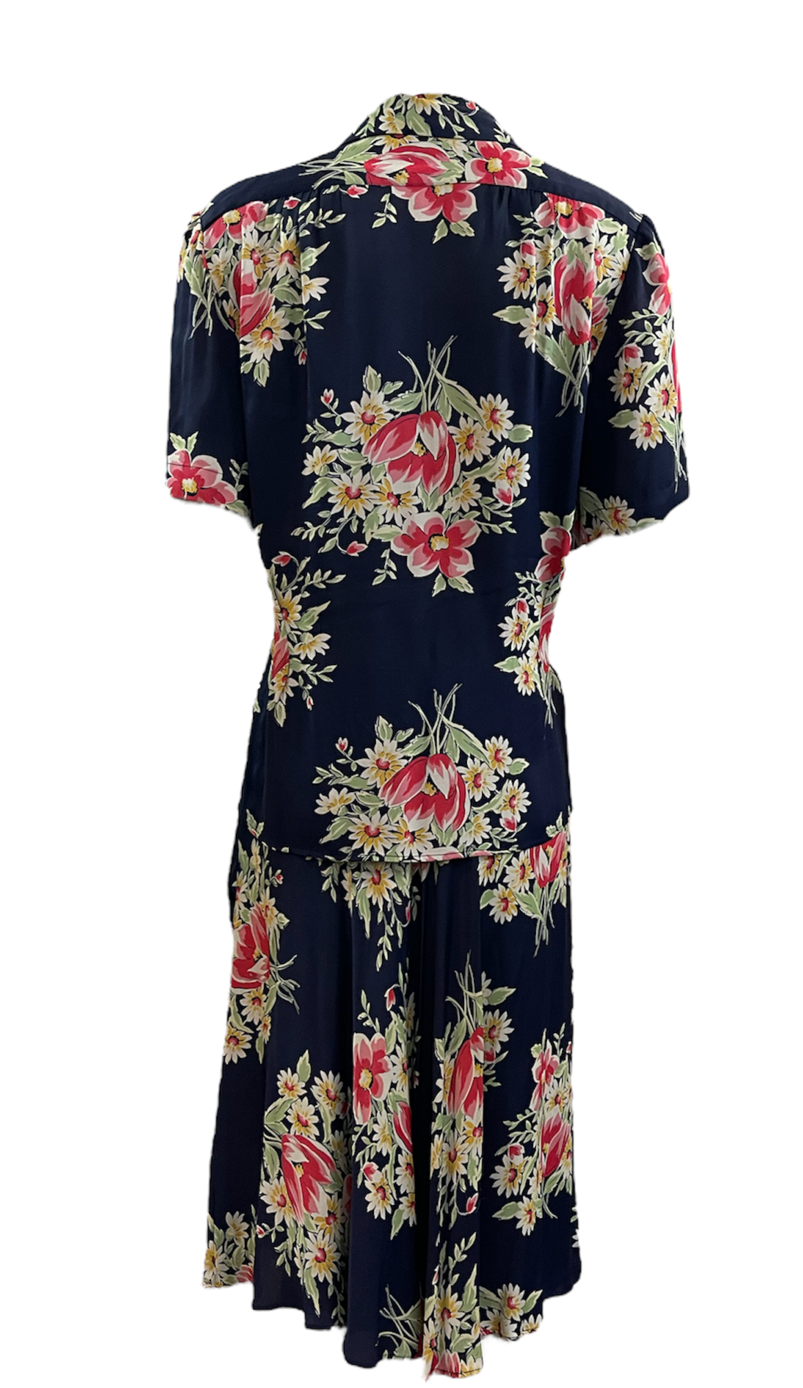 40s Blue Floral Rayon Blouse and Skirt Set BACK 3 of 6