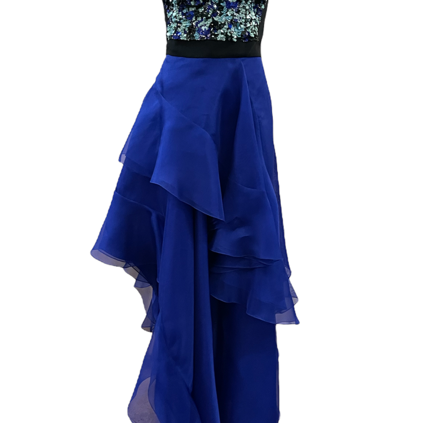   J Mendel Contemporary Blue Organza Strapless Gown with Sequin Top FRONT 1  of 6