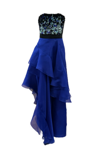   J Mendel Contemporary Blue Organza Strapless Gown with Sequin Top FRONT 1  of 6