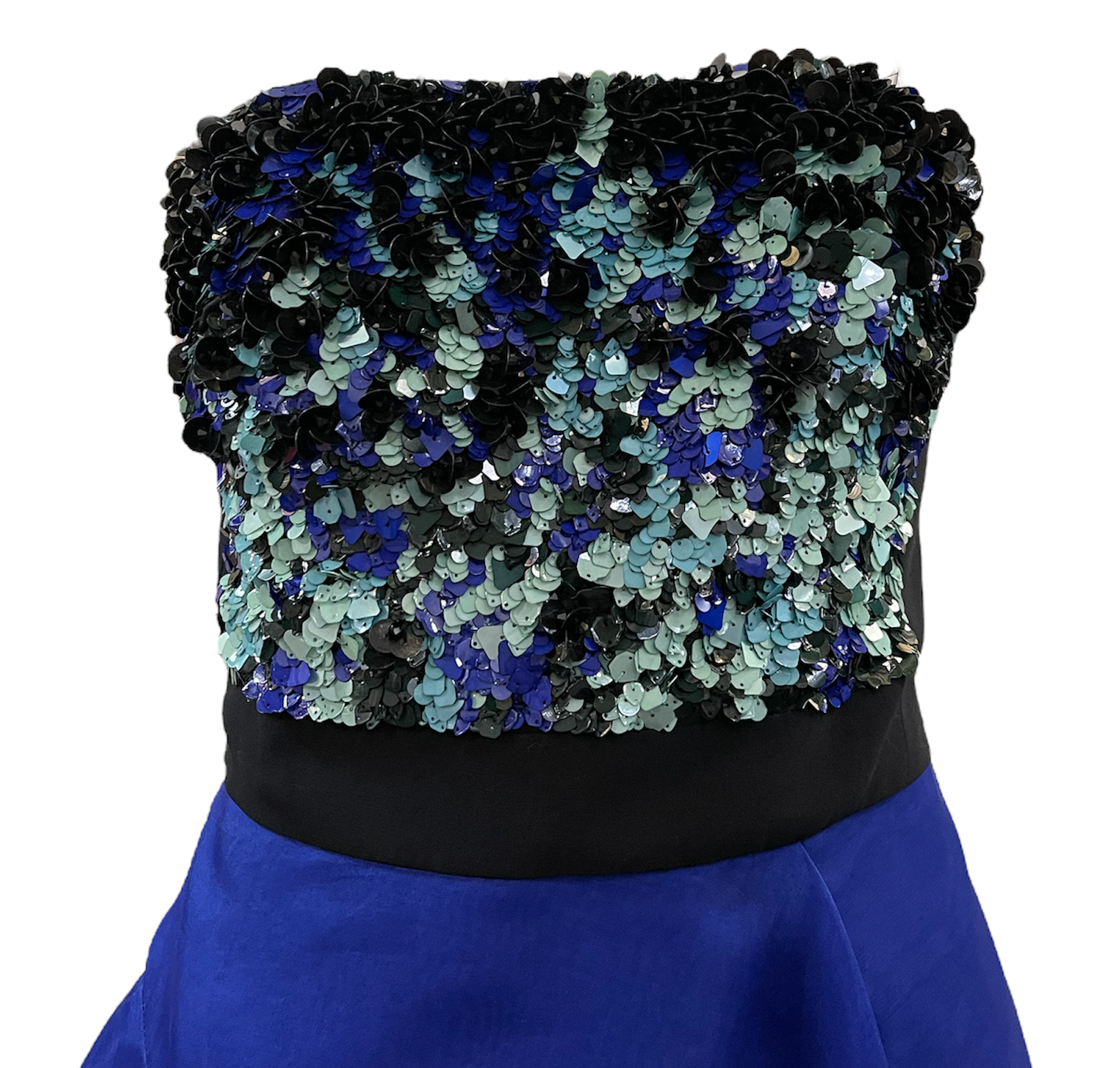 J Mendel Contemporary Blue Organza Strapless Gown with Sequin Top β THE WAY WE WORE