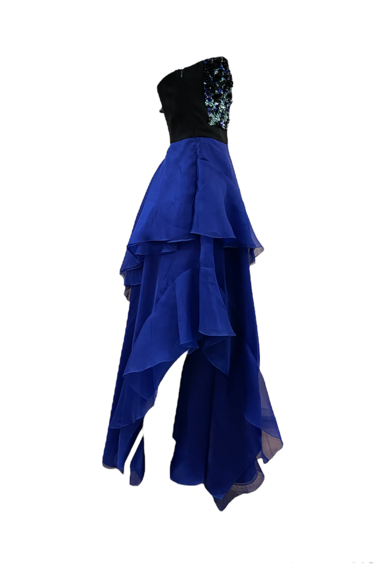   J Mendel Contemporary Blue Organza Strapless Gown with Sequin Top SIDE 2 of 6