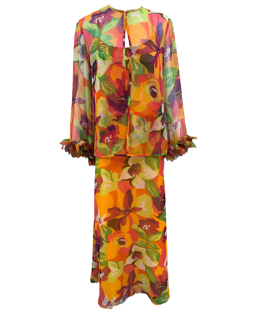 Leo Narducci 70s Floral Chiffon Tropical Getaway Gown with Jacket