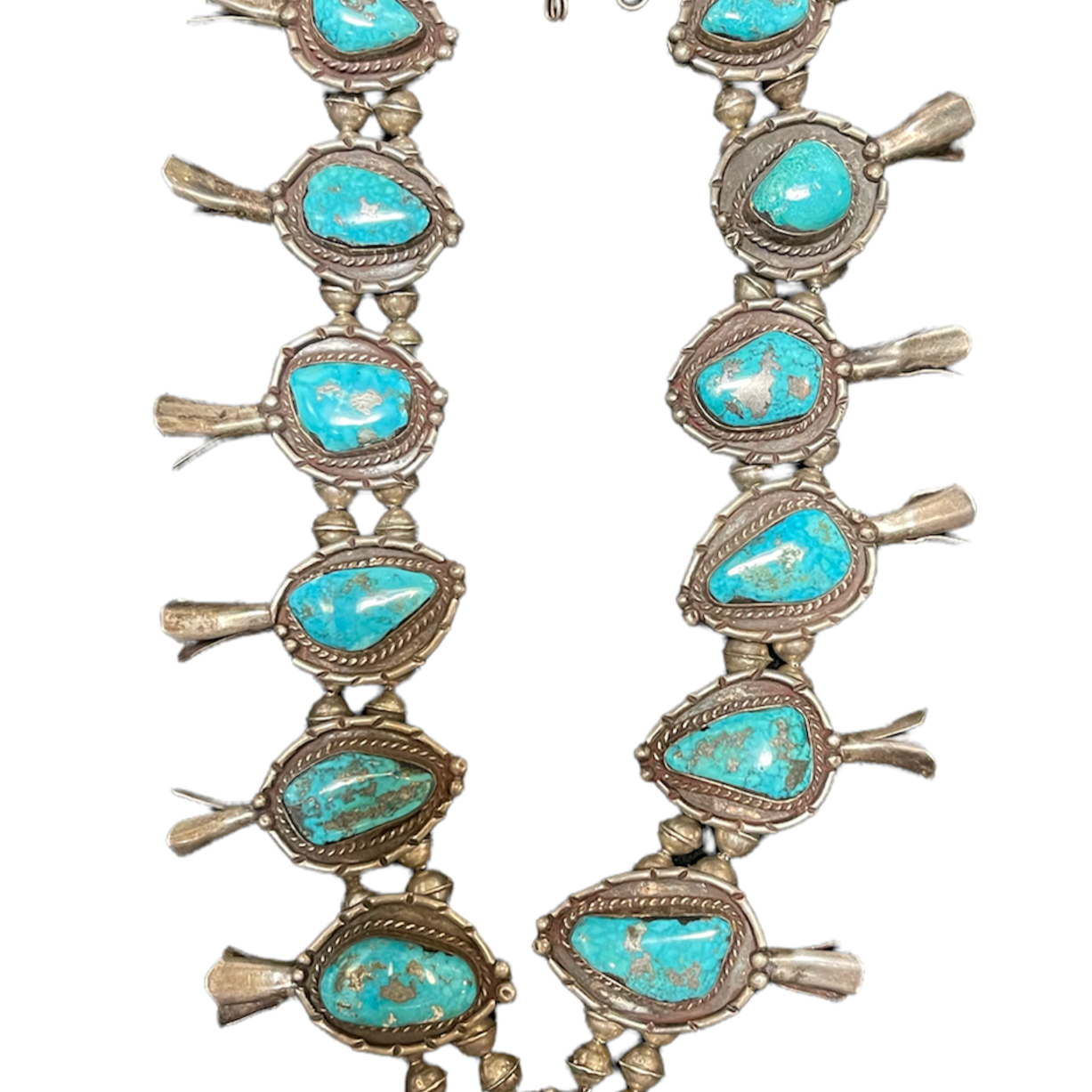 Morenci Mines  Mid 20th Century Turquoise Squash Blossom Necklace FRONT 1 of 4