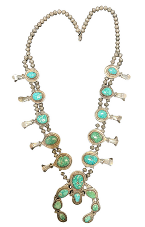  Mid 20th Century Silver and Turquoise  Squash Blossom Necklace FRONT 1 of 4