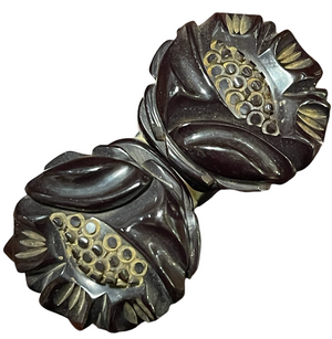 40s Black Bakelite Clamper Bracelet with Deep Carved Flowers CLASP 4 of 4