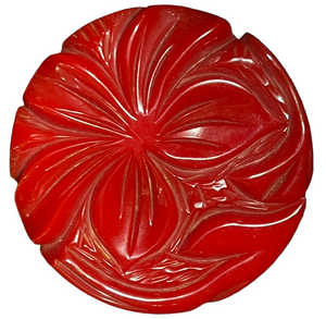  40s Lipstick Red  Bakelite Oversized Deep Carved Circle Brooch FRONT 1 of 2