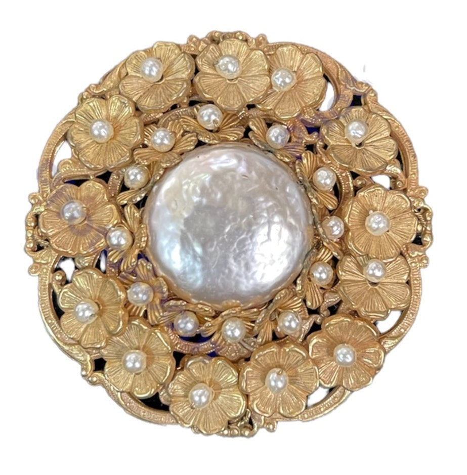 Miriam Haskell 60s Circular Gold Tone Brooch with Baroque Pearls FRONT 1 of 3