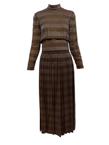 Norell Tassell 70 Chocolate Brown Silk Striped Dress FTONT 1 of 5