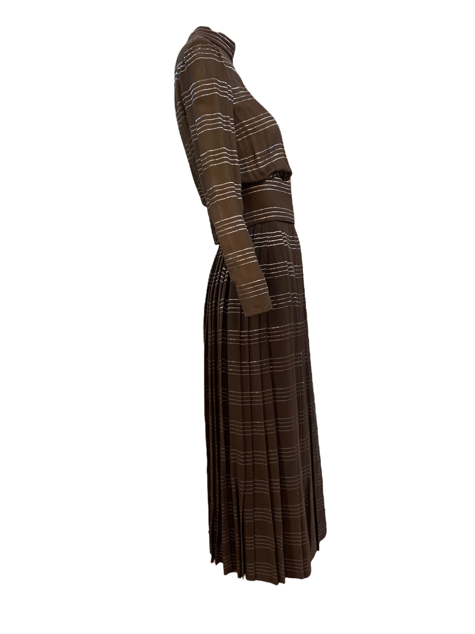 Norell Tassell 70 Chocolate Brown Silk Striped Dress SDE 2 of 5