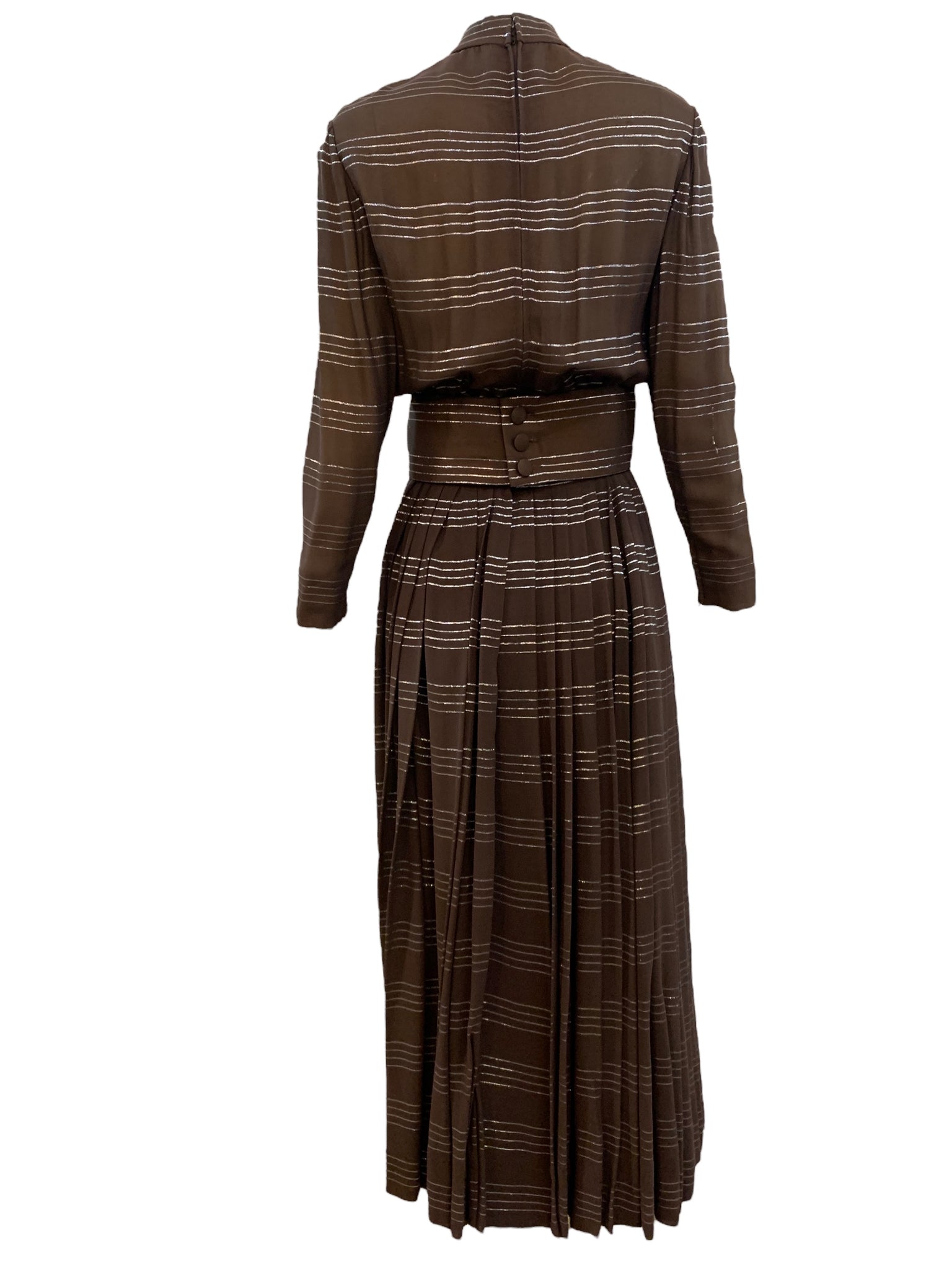 Norell Tassell 70 Chocolate Brown Silk Striped Dress BACK 3 of 5