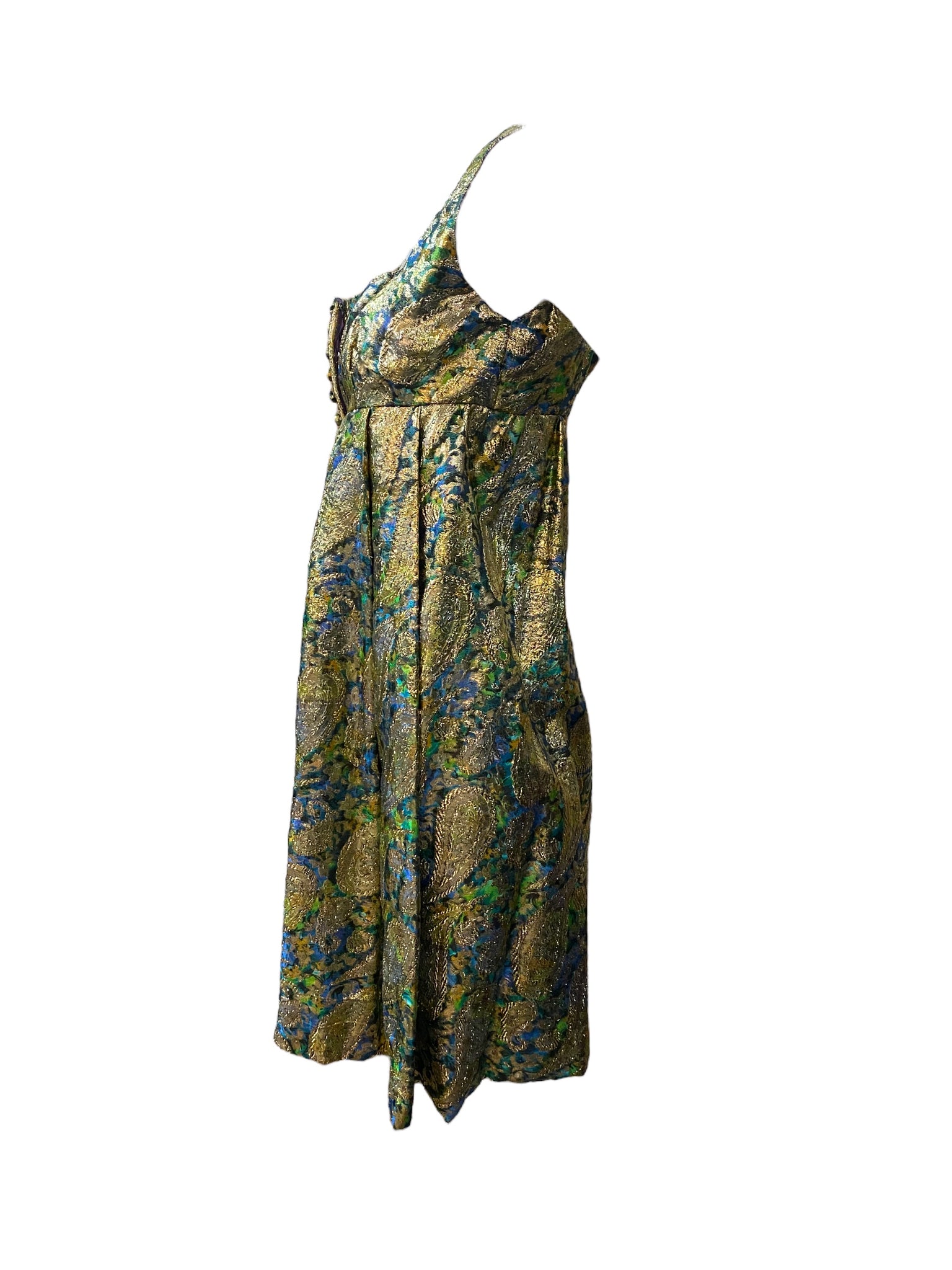 Saks Fifth Avenue 60s Psychedelic  Gold Lame Paisley Mini Dress SIDE 2 of 6