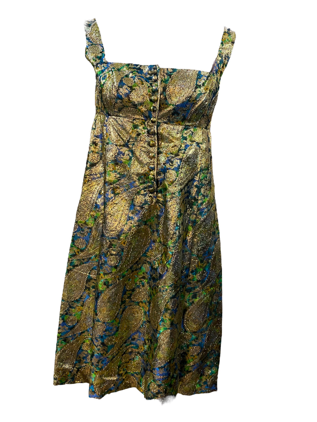 Saks Fifth Avenue 60s Psychedelic  Gold Lame Paisley Mini Dress FRONT 1 of 6