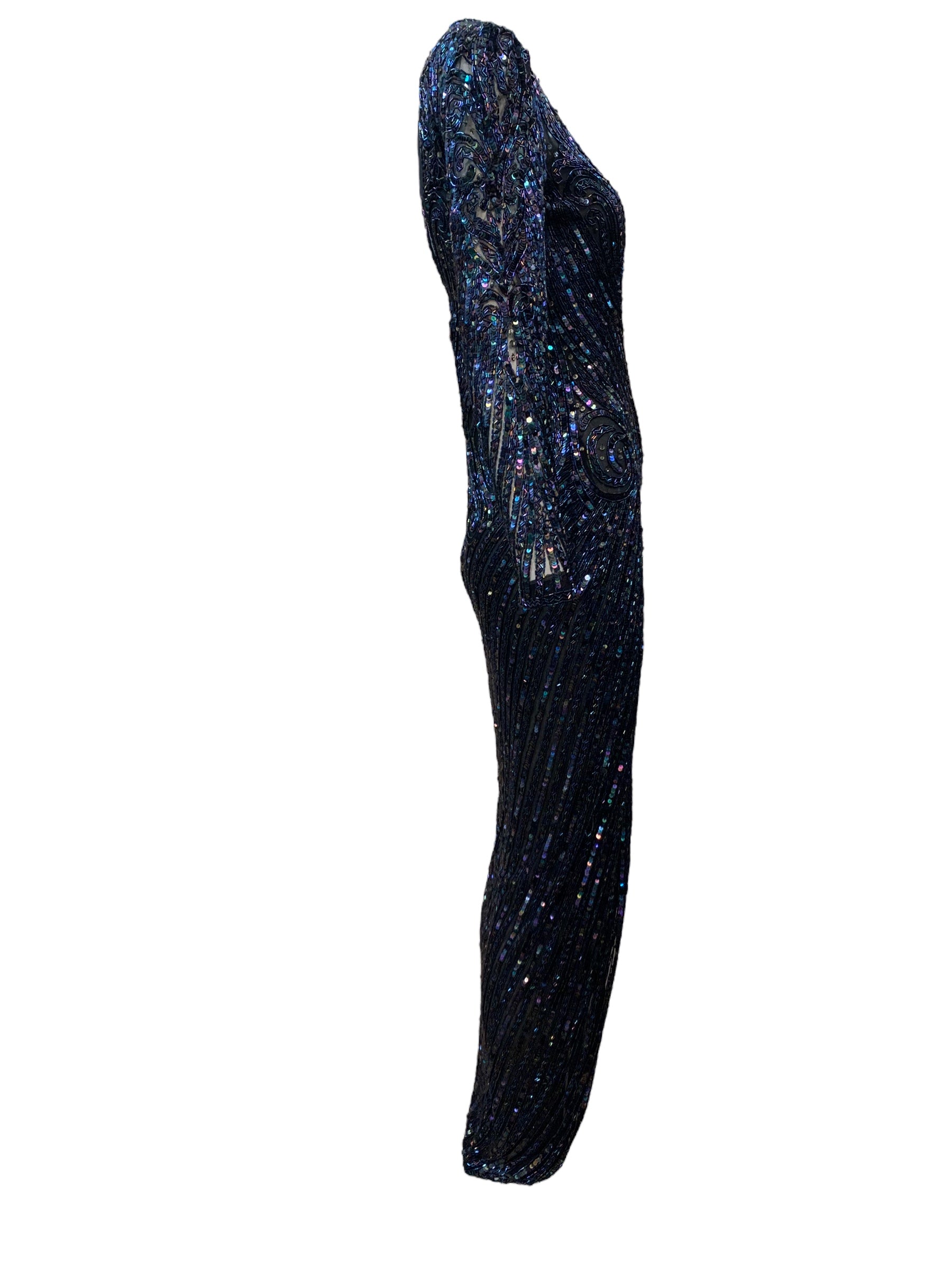 Bob Mackie 80s Midnight Blue Iridescent Bugle Bead and Sequin Gown Bob Mackie 80s Midnight Blue Iridescent Bugle Bead and Sequin Gown