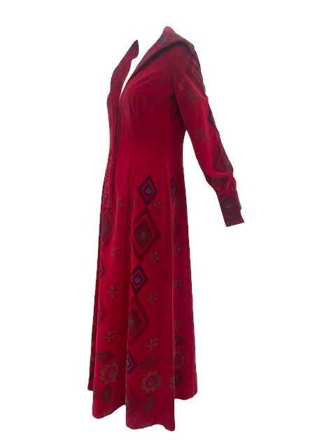 60s Magical  Red Velvet Stenciled Maxi Dress ANGLE 2 of 5